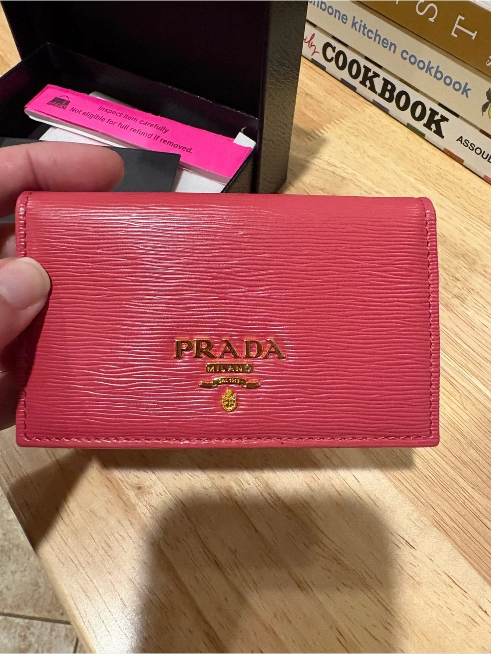 Prada Pink Vitello Leather Flap Card Holder with Gold Logo